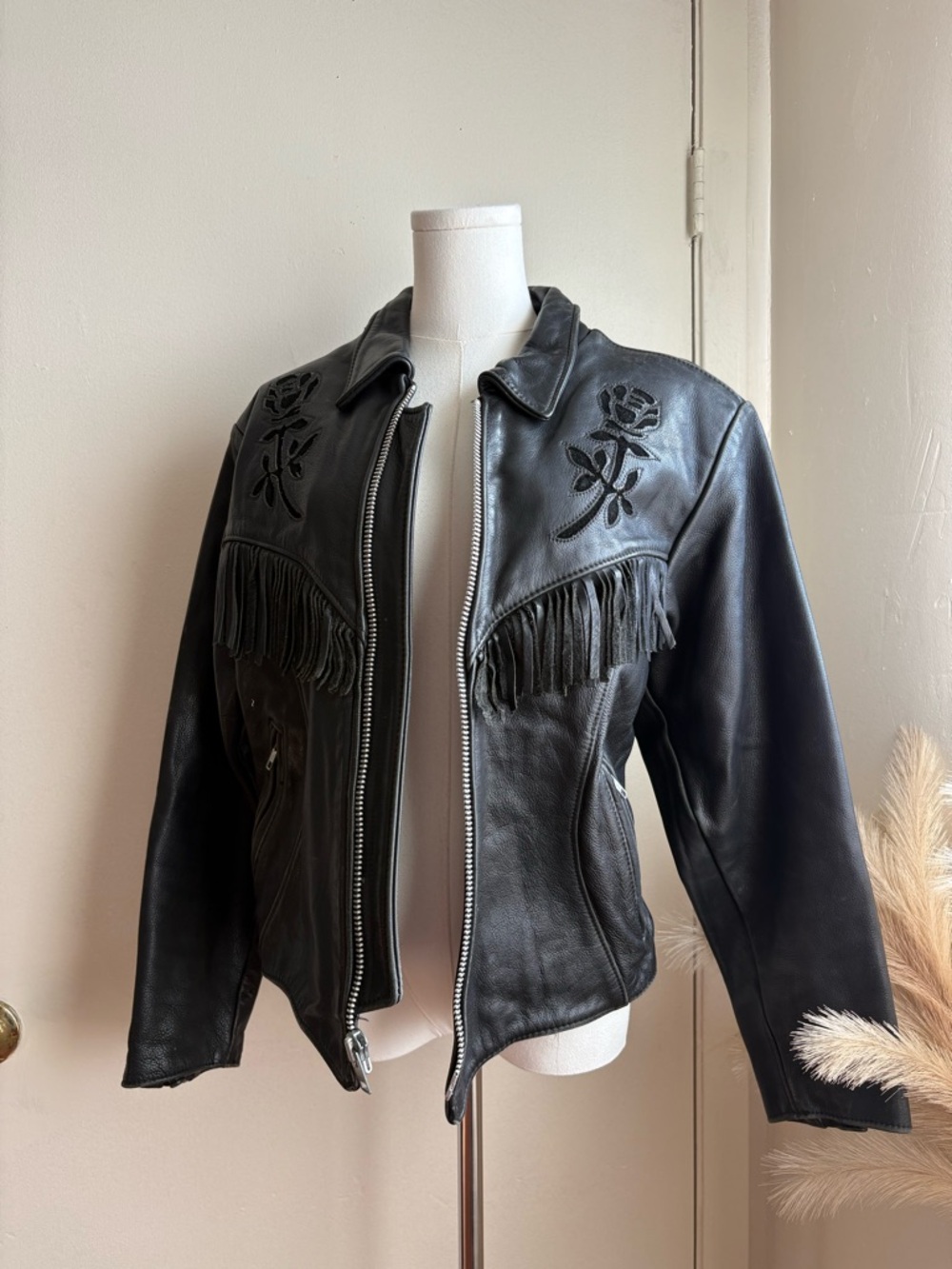 vintage 80s 90s chrome gear fringe rose cut out zip front leather jacket